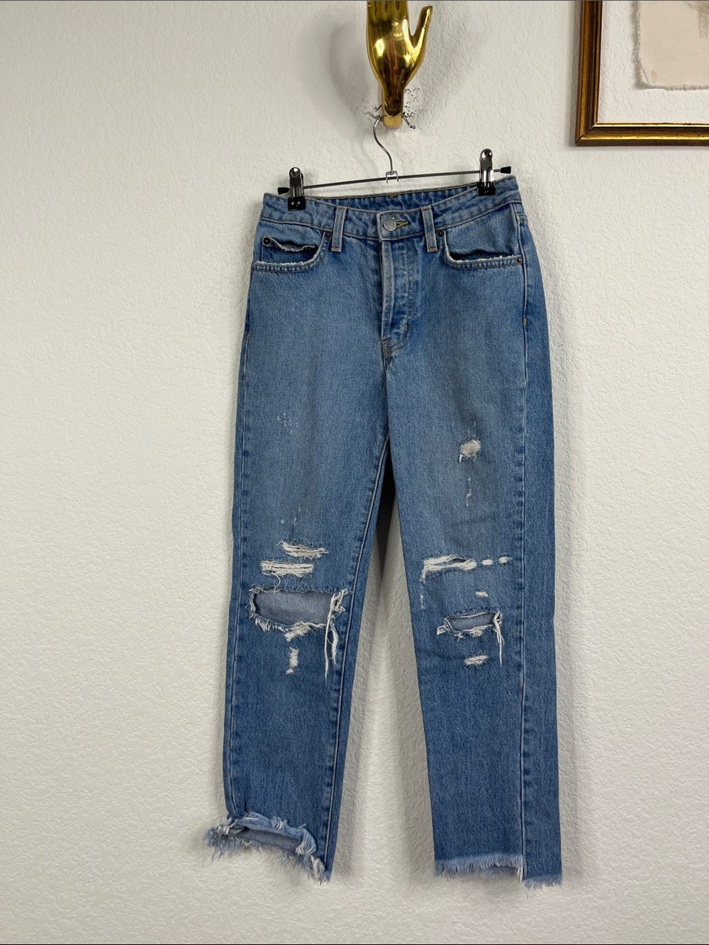 Carmar High Rise Distressed Straight Leg Jeans Button Fly